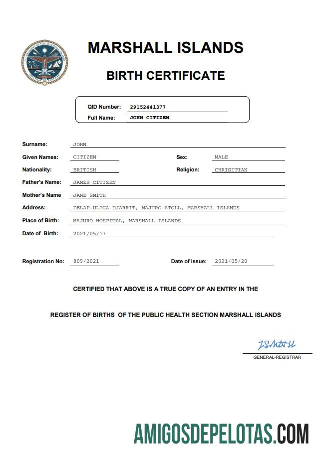 Realista modelo Word e PDF de certidão de nascimento de registro vital das Ilhas Marshall